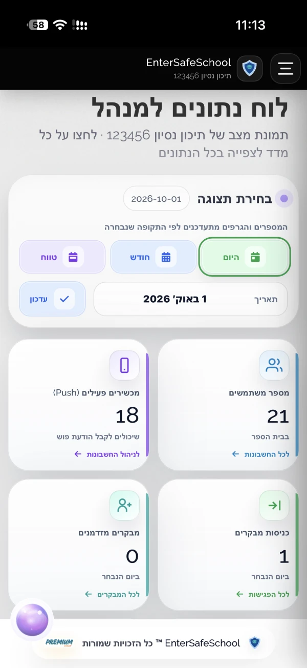 דשבורד מנהל מתוך מערכת ההדגמה של EnterSafeSchool